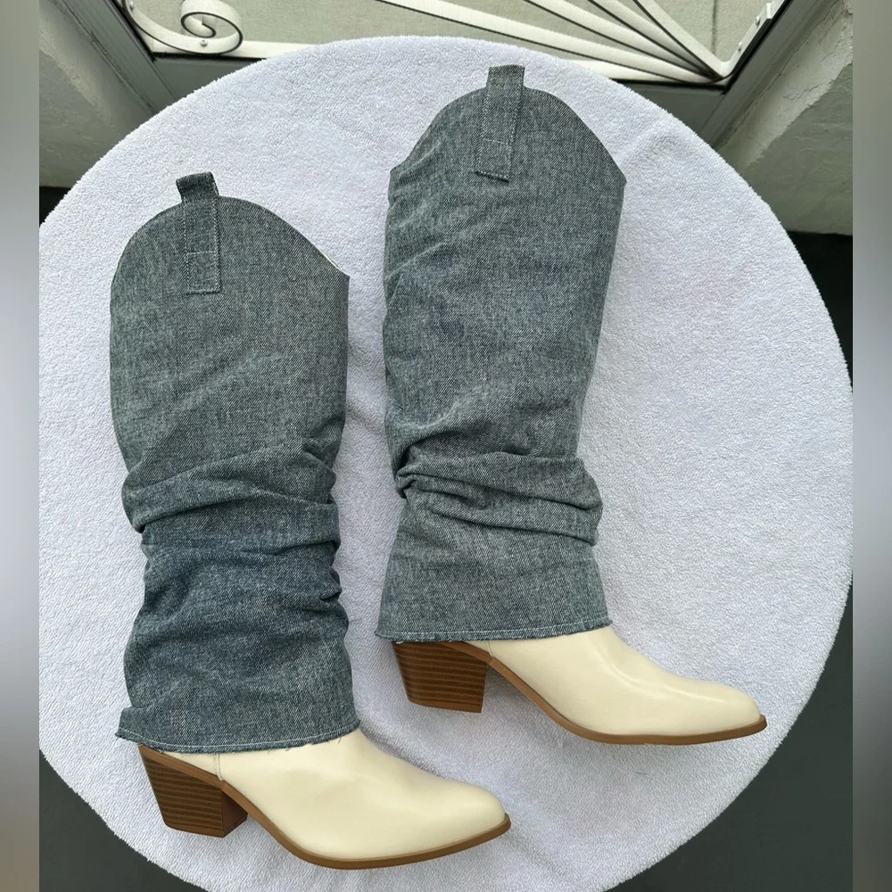 Fashion Nova Coolest In The Streets Knee High Boots Dark Denm Size 9 NWT - Picture 2 of 15